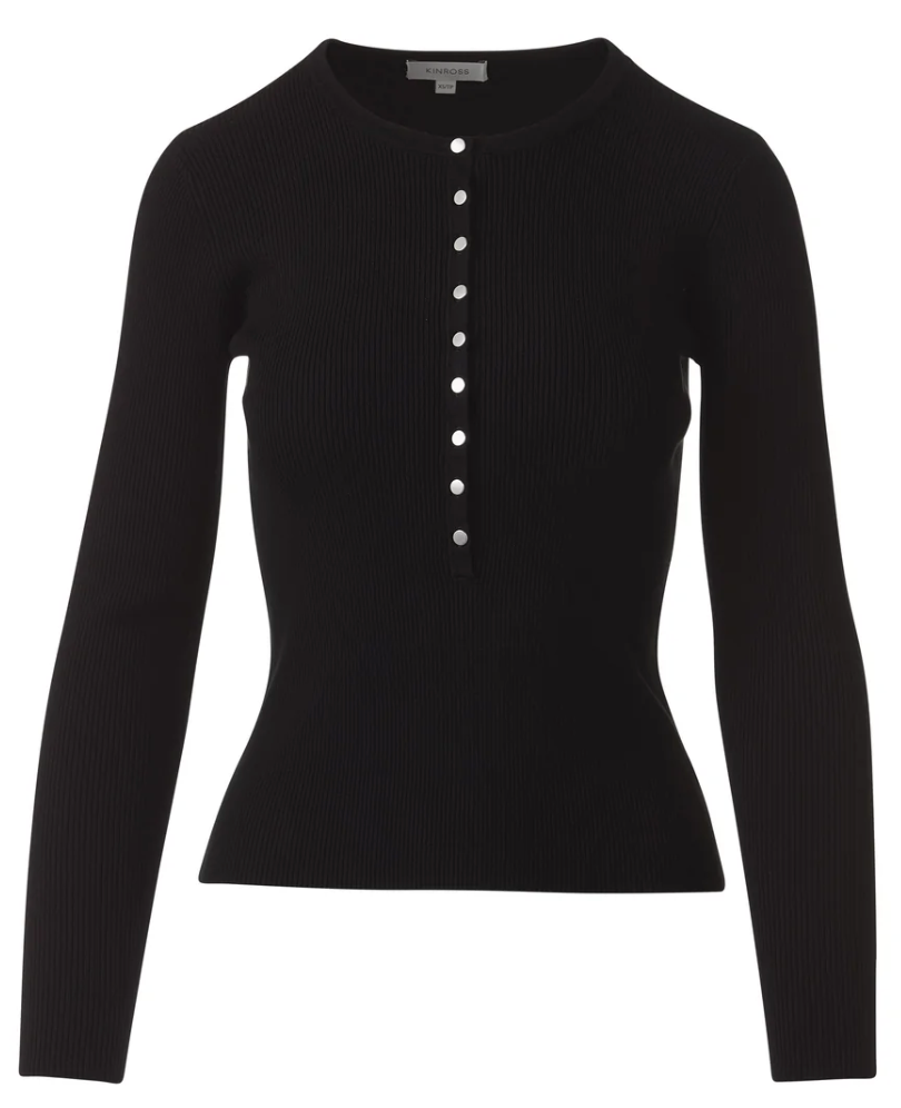 Kinross Cashmere Fine Rib Button Henley