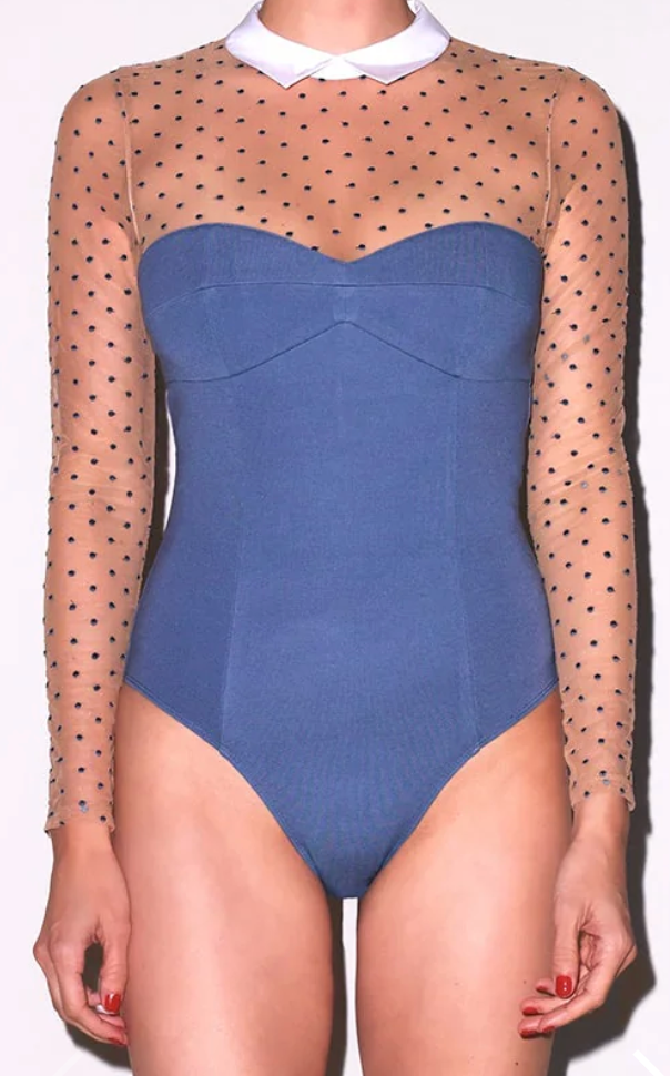 Fleur Du Mal Collared Bodysuit with Dotted Tulle