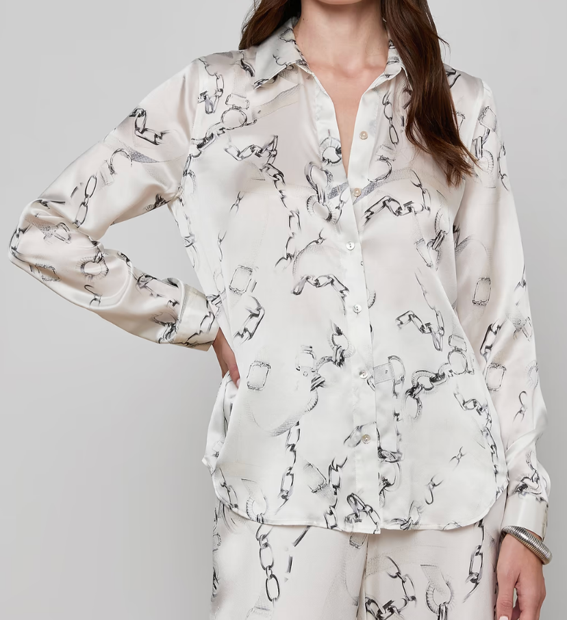 L'Agence Tyler L/S Blouse Ivory/Grey Small Faded Chain
